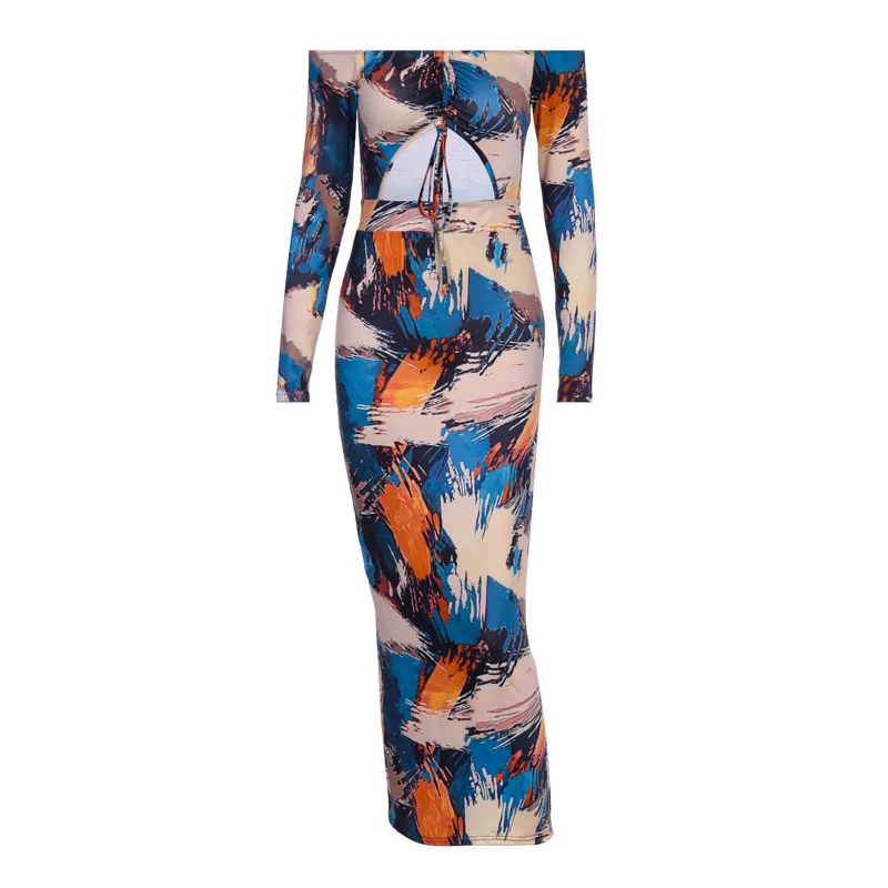 

New Women Spring Dress 2020 Floral Print Party Vestidos Hollow Out Bodycon Tunic Sexy Slash Collar Long Dresses Streetwear Lady