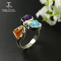 tbjunique handmade rough ring natural amethyst citrine apatite gemstone women ring 925 sterling fine jewelry gift party