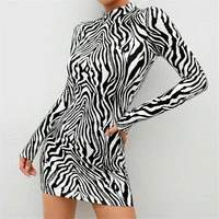 sexy women zebra stripe dresses long sleeve high neck stretch bodycon party slim mini dress