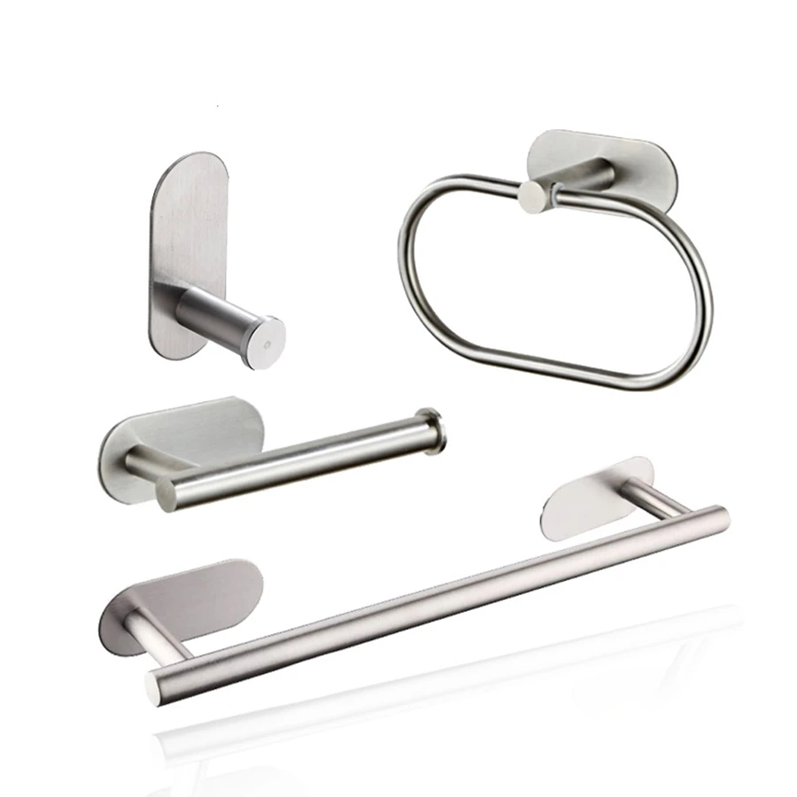 

Stainless Steel Silver Bathroom Hardware Set Towel Rack Toilet Paper Holder Towel Bar Hook Bathroom Accessories Don't Drilling