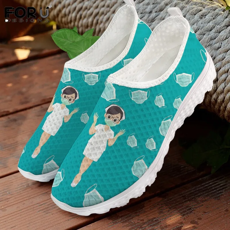 

FORUDESIGNS Female Outdoor Slip On Mesh Outdoor Lazy Loafers 3D Cartoon Nurse Doctor Prints Casual Outdoor Resistant Walk Flats