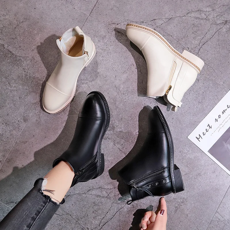 Женские ботильоны без шнуровки черные теплые меховые ботинки с высоким берцем