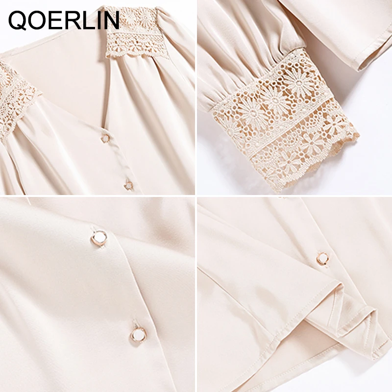 

QOERLIN Long Sleeve V Neck Shirt Spring Summer Women Clothing Loose Chiffon Shirt Lace Hollow Out Blouse Button Top Blusas Mujer