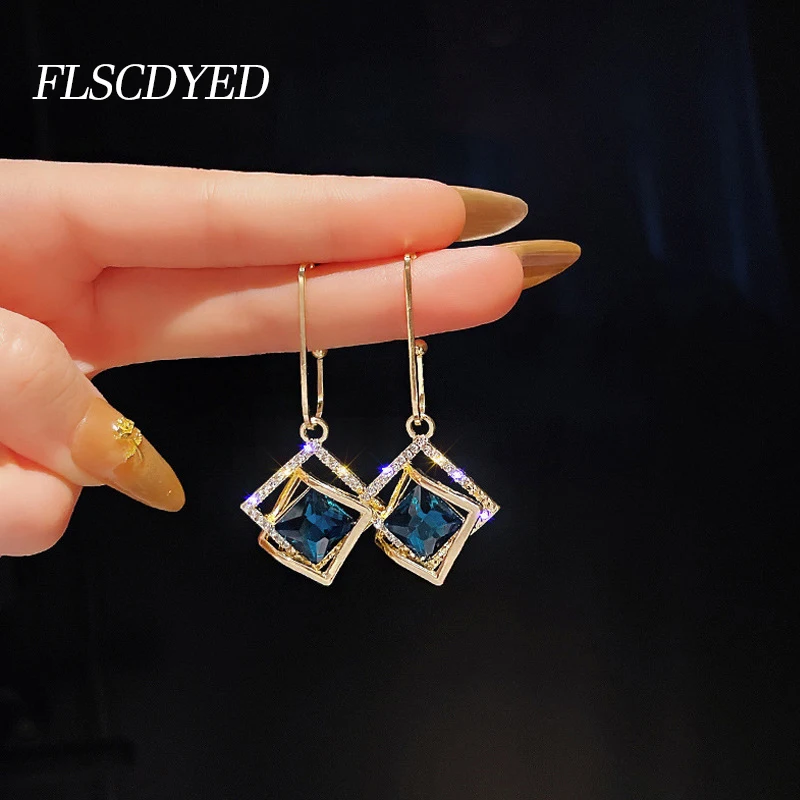 

FLSCDYED Vintage Blue Crystal Square Shape Drop Earrings for Women Fashion Jewelry 2021 Trend Party Girl‘s Earrings Accessories