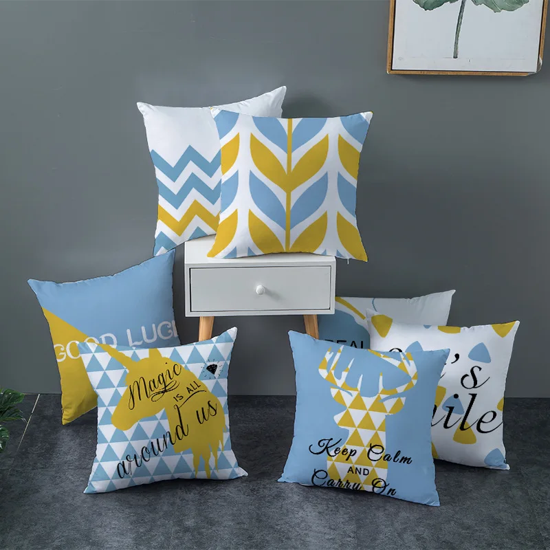 

Blue Geometry Pillow Cases Polyester Cotton 45*45cm Decorative Deer Cushion Cover Home Decor Hotel Sofa Decoration Pillowcases