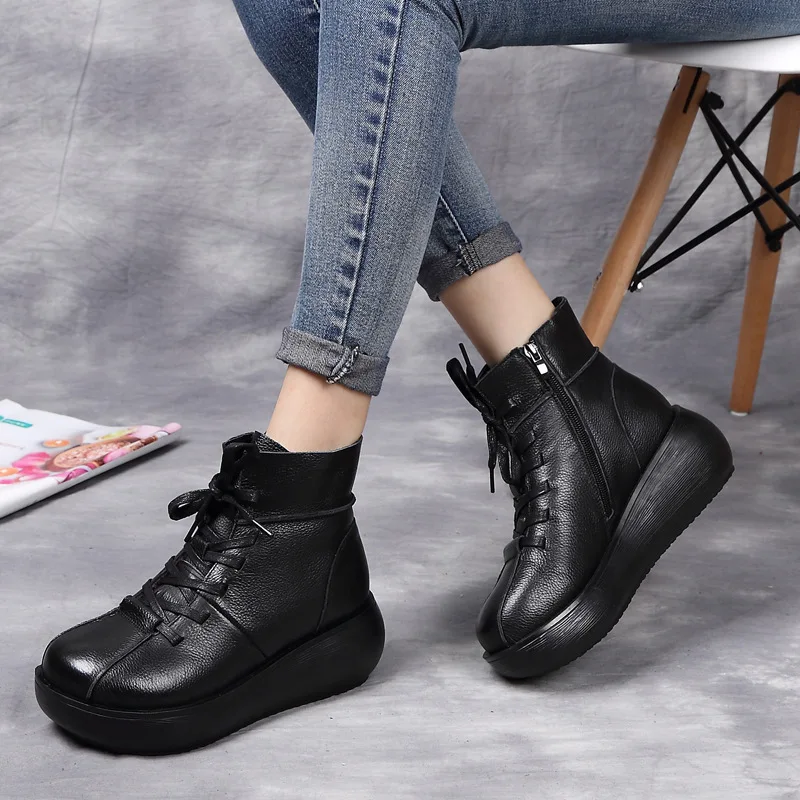 OUKAHUI/зимние теплые винтажные полусапожки из натуральной кожи на шнуровке Женские