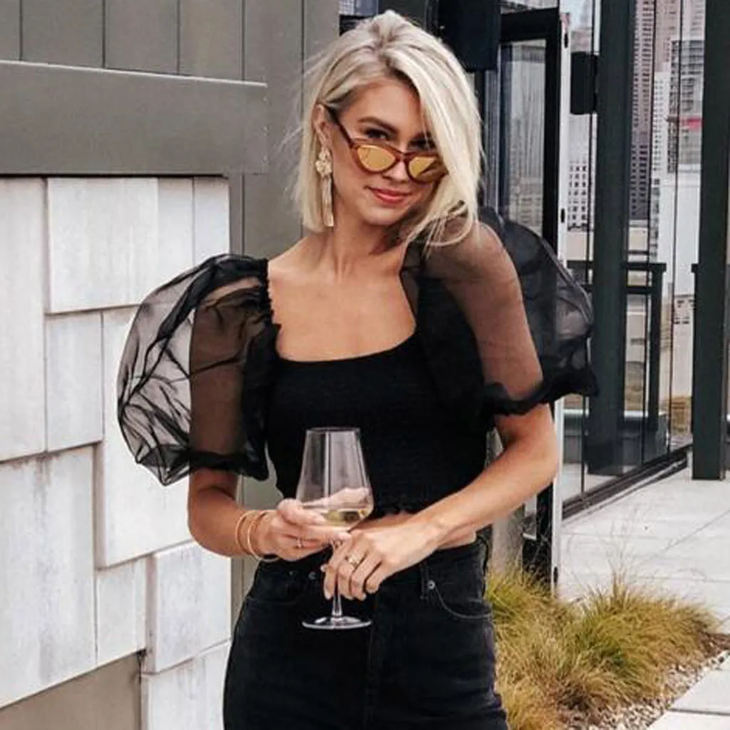 Moda 2020 Mujer Женская Повседневная Блузка черного цвета с рукавами фонариками