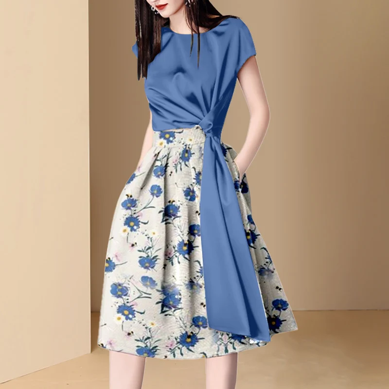 

Женский костюм из двух предметов, Однотонная рубашка с круглым вырезом и длинная юбка-трапеция с завышенной талией в Корейском стиле, офисн...