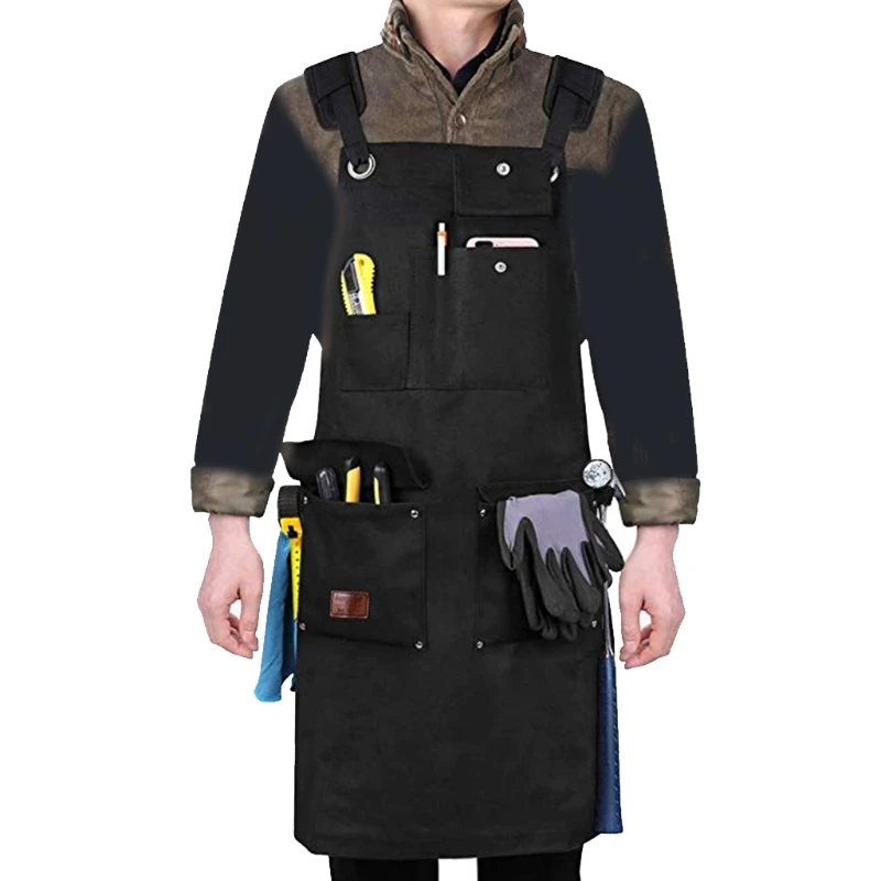 

L38C Canvas Adjustable Work Apron with Tools Utility Pockets Cross Strap for Workshop