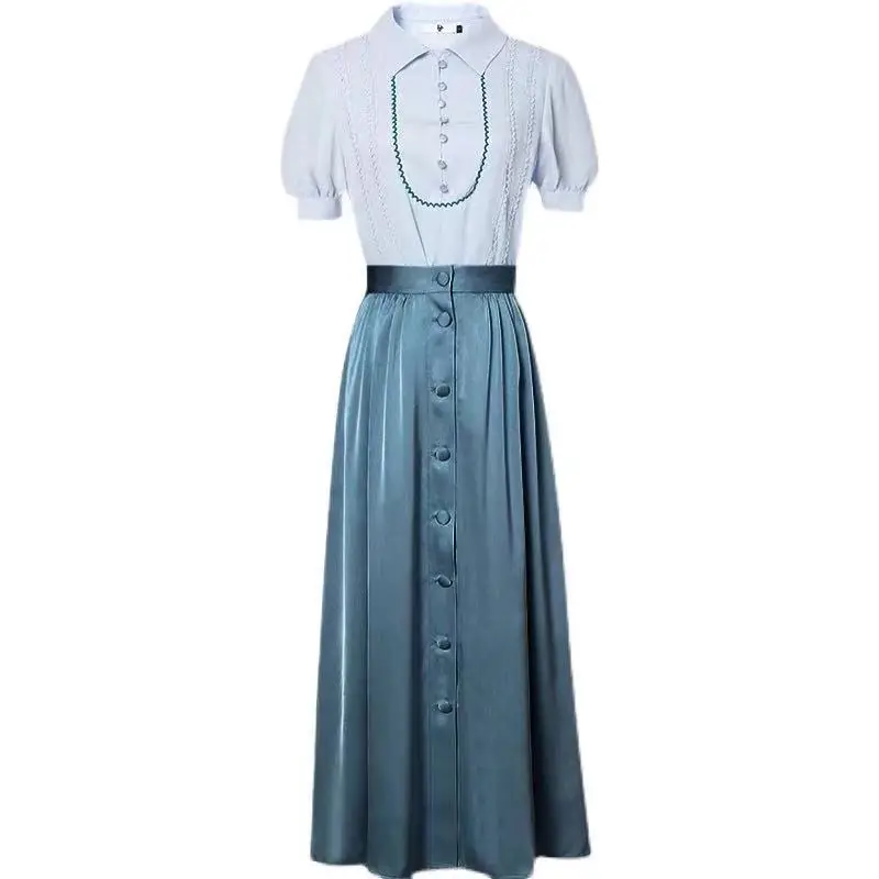 

IVY HE Women's Suit Single New Fashion Court Temperament Breasted Lapel Bishop Sleeve High Waist Bright Satin Dress Sets Suit