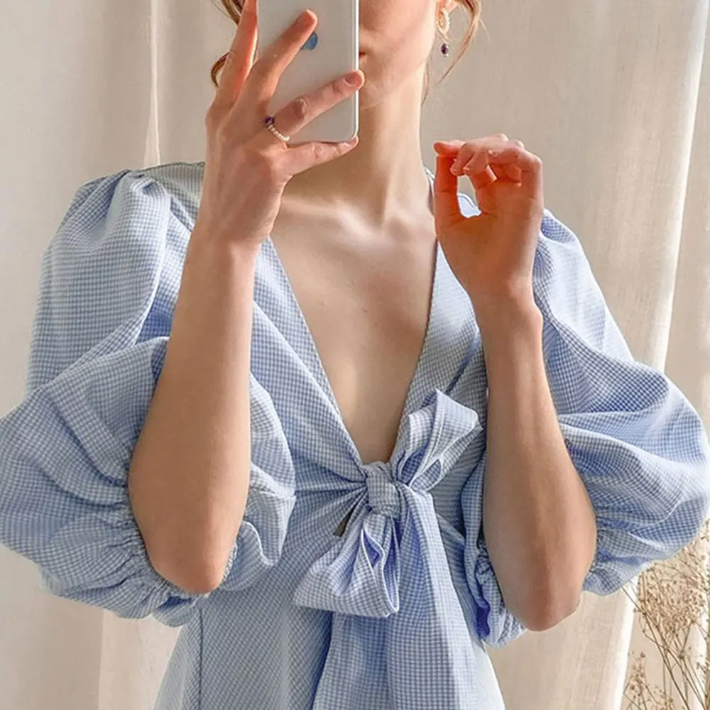 

Gentillove 2021 Women Summer V-Neck Elegant Bow Pleated Sexy Puff Sleeve Deep Low-Cut Dress Solid Sweet Casual Basic Party