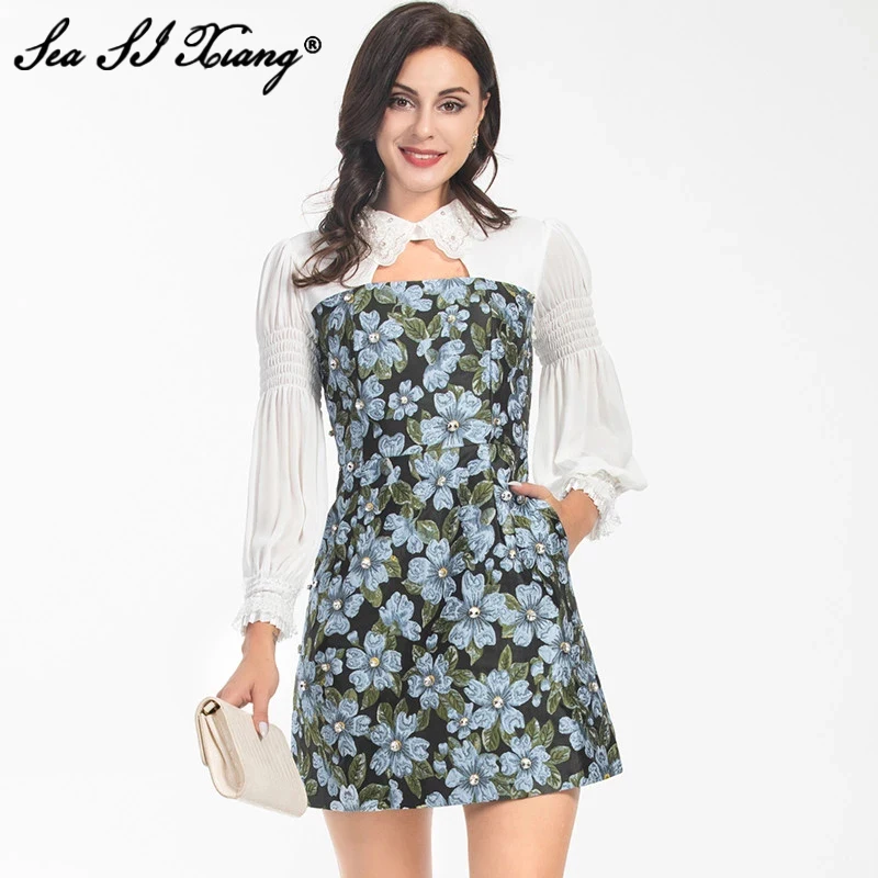 

Seasixiang Fashion Designer Autumn Mini Dress Women Embroidery Turn-down Collar Crystal Diamonds Flower Print Short Dresses