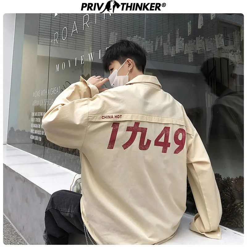 Privathinker Осенняя хлопковая рубашка с длинными рукавами, Мужская Корейская Свободная рубашка с коллажем, Мужская Уличная модная одежда с принтом
