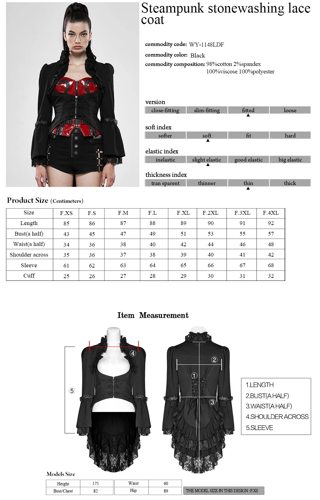 

PUNK RAVE Women's Steam Punk Stonewashing Lace Coat Punk Style Slim Fit Swallowtail Party Evening Outwear