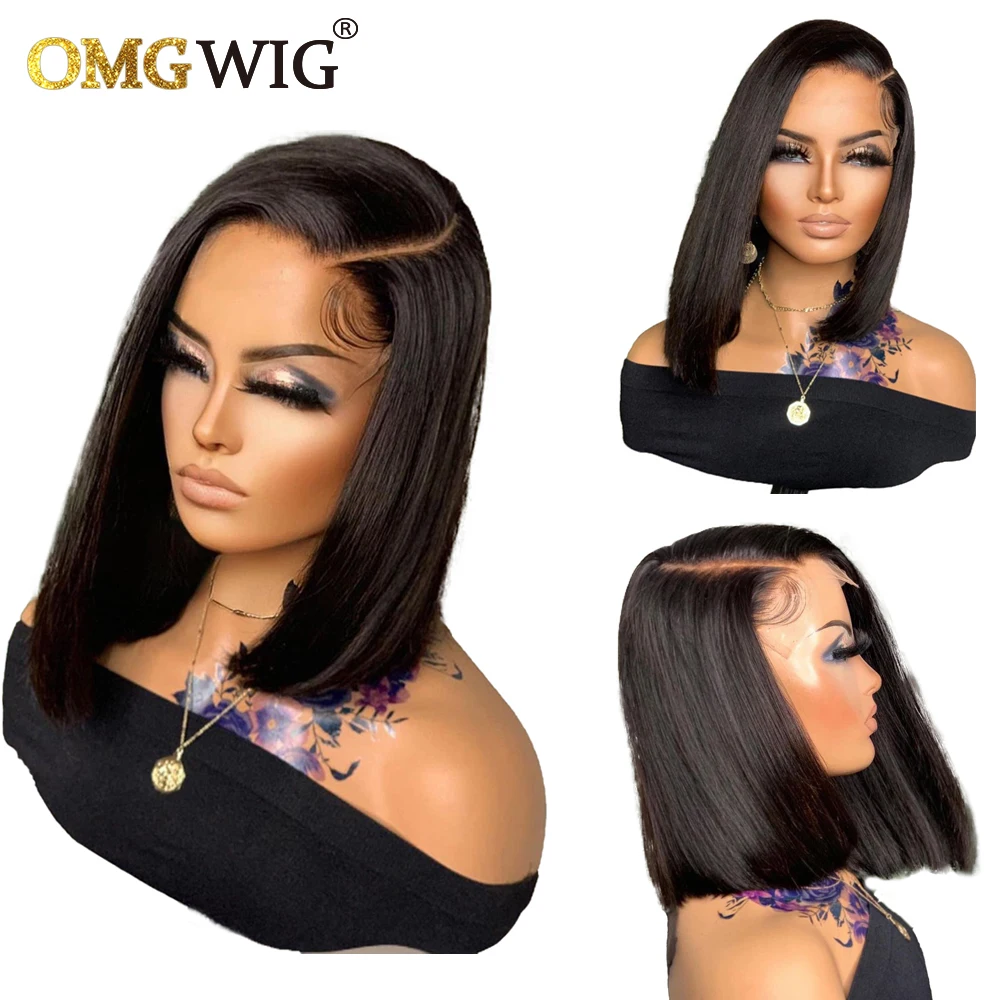

Bone Straight Bob Wigs For Black Women Human Hair 4x4 Lace Closure Wig Brazilian Remy Hair Short Blunt Cut Frontal Wig Side Part