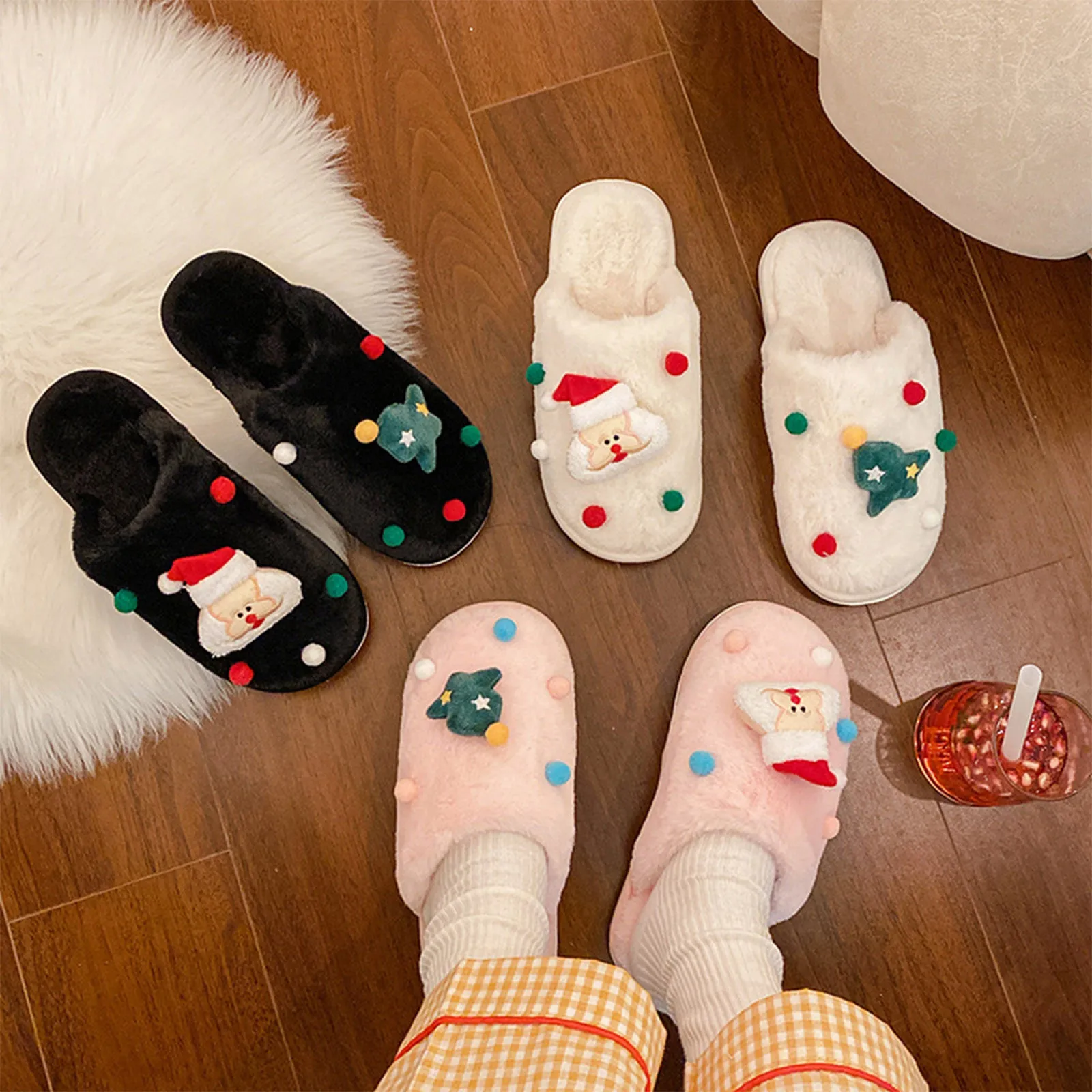 

2022 Christmas Home Women Slippers Shoes Slip-On Furry Flat Home Keep Warm Slippers Shoes Ladies Cartoon Slipper Homewear