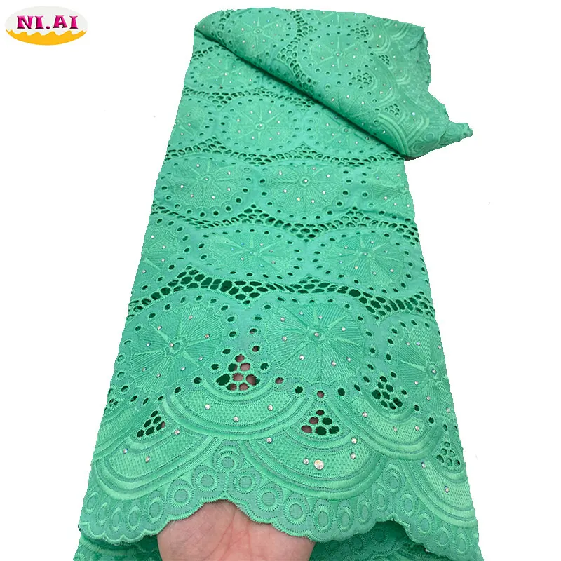 

Green African Lace Fabric 100% Cotton Material With Stones 5 Yard High Quality embroidery Lace Fabric For Sewing Clothes NA4688B