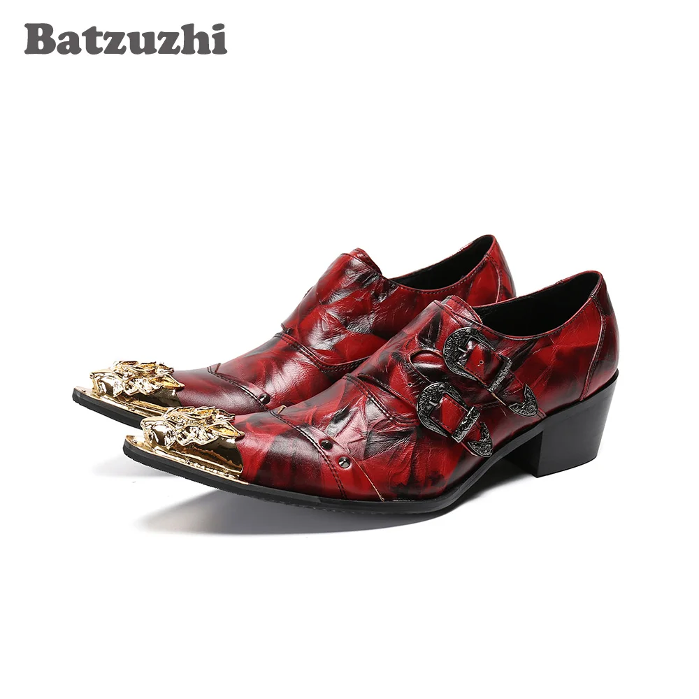 

Batzuzhi Fashion Men Shoes Golden Metal Toe Red Leather Dress Shoes Men Punk Party Leather Shoes for Men Wedding, Big Size US12