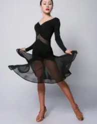 Black Long Sleeve Латинский танец новое платье женское взрослое платье сексуальный с V-образным вырезом сценический костюм женщина профессиональная практика одежда - Цвет: Black Long Sleeve