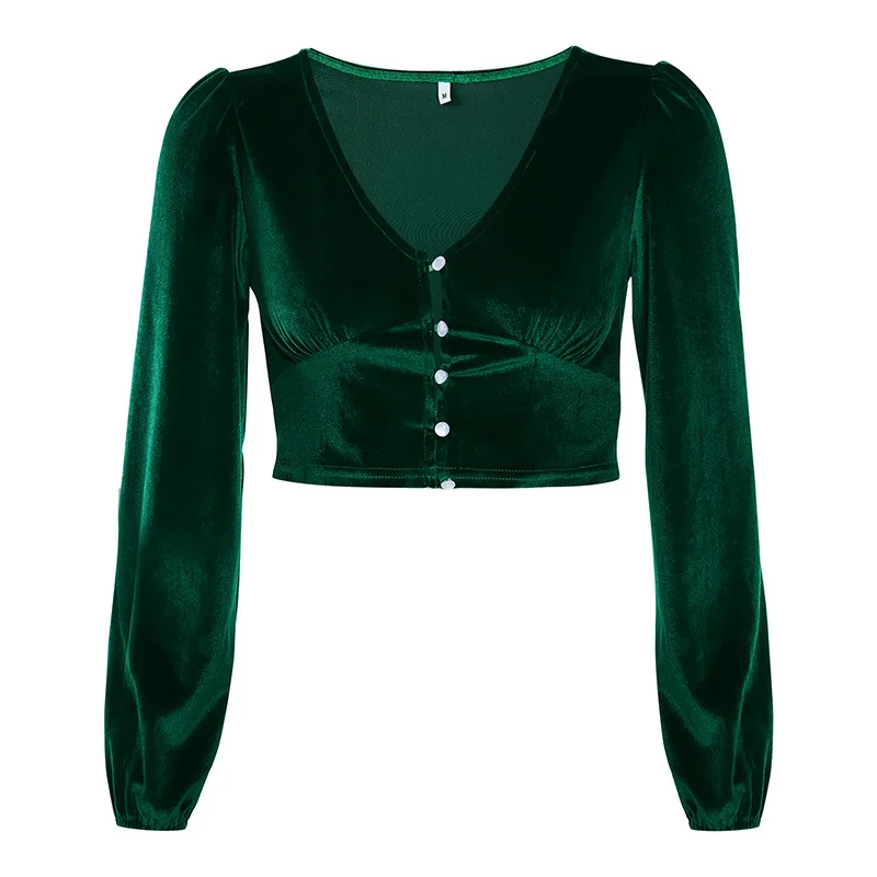 Женская бархатная однобортная Футболка темно-зеленая футболка с V-образным
