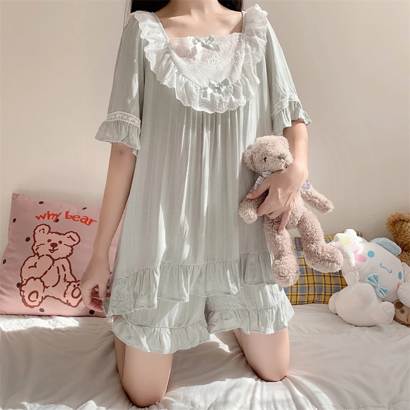 

Harajpee 2 Piece Set Pajamas Sweet Women Summer Short Sleeve Sleepwear Suit Square Collar Lace Hook Flower Hollow Home Wear