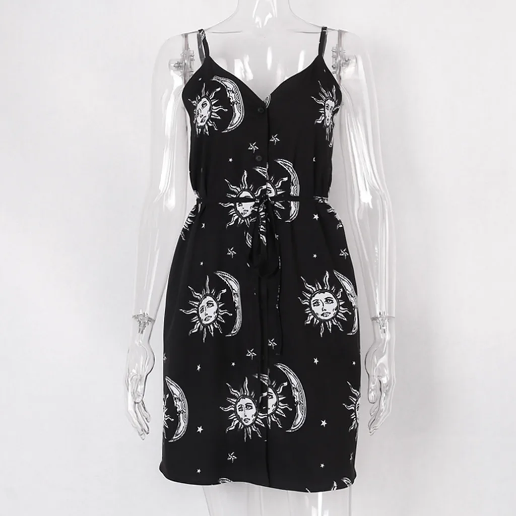 

Ladies European and American Dress Street Gothic Punk Black Dress Sun Moon Star Print Sleeveless Bodycon Dress 40*