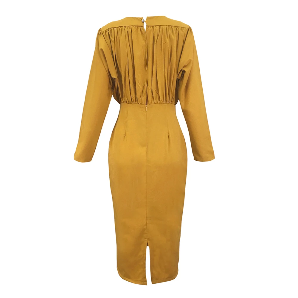 

Solid Plunge Ruched Tight Waist Satin Dress Women Sexy V Neck Long Sleeve Midi Dress Night Club Party Dresses Elegant Robe Femme