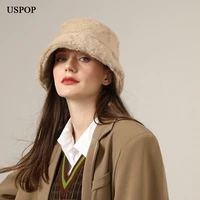 uspop new winter hats women solid plush bucket hats thick warm panama hats