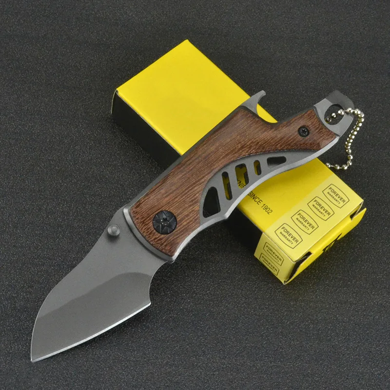 

Titanium stainless steel sharp knife folding tactical mini knife keychain wooden handle easy carry rescue camping outdoor knife