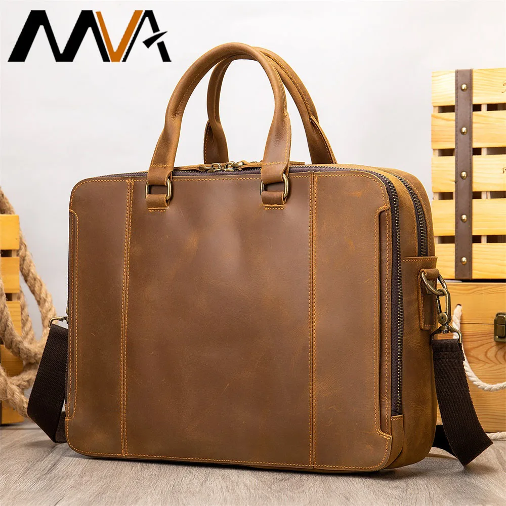 MVA Men's Leather Briefcase Male Retro Laptop Bag Cowhide Men Handbag Fit 15.6inch Laptop Bag For Documents Men's Shoulder Bags