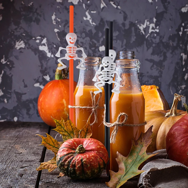 

5Pcs Halloween Skull Pumpkin Plastic Straws Black Orange Drinking Straws Halloween Party Hoilday Bar Home Decoration Kids Favors