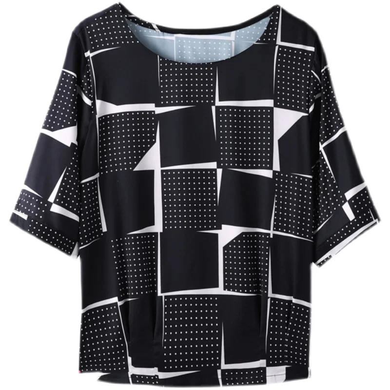 

2021 Summer Silk Woman Blouse O-Neck Pockets Ladies Top Shirts Basic Print T-shirt Short Sleeve Fashion Womens Tops and Blouses