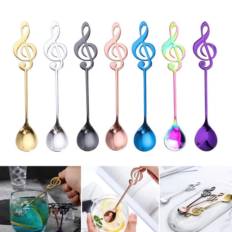 Hot New 6Pcs Stainless Steel Spoon Coffee Note Shape Music Theme Tea Stirring Small Ice Cream Dessert Scoop Flatware | Дом и сад