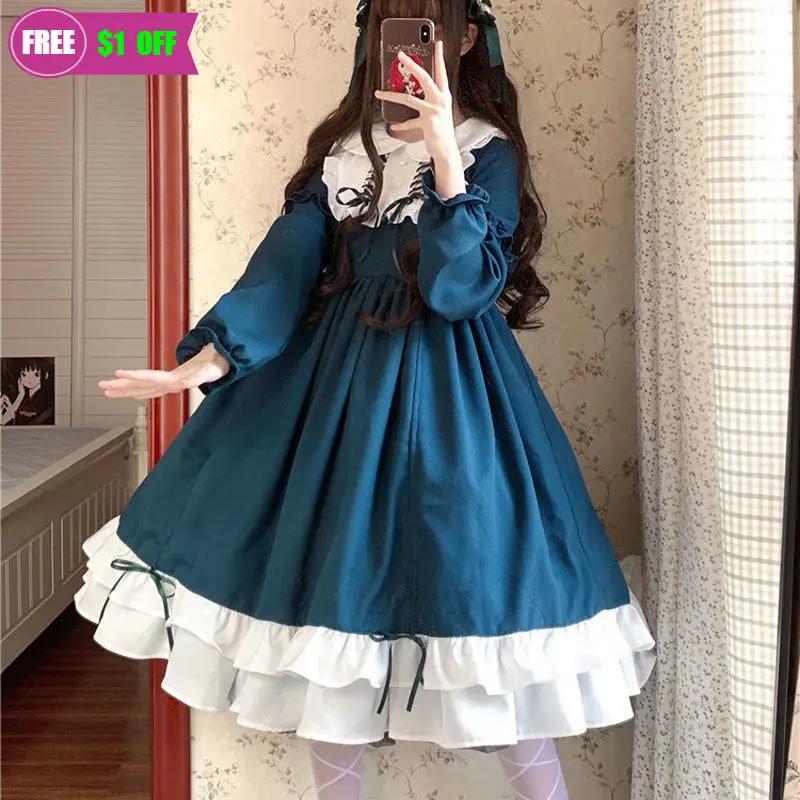 

Sweet Vintage Princess Women Lace Bowknot High Waist White Lace Pink Green Victorian Dress Kawaii Girl Gothic Lolita Dress