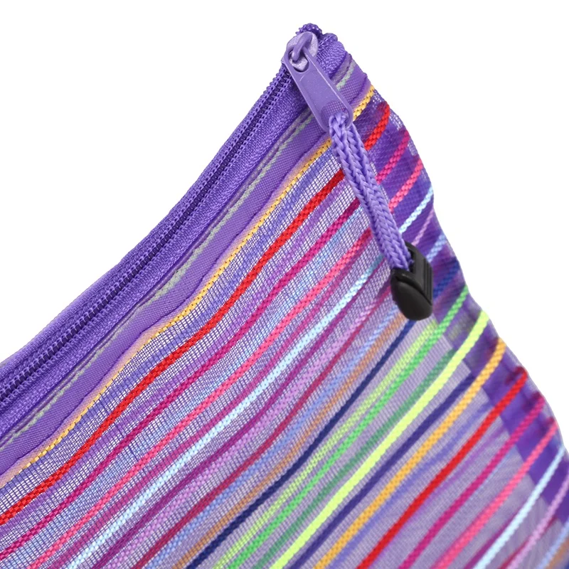 

A5 Nylon Stripe Zipper Closure Documents Mesh File Bag - Purple