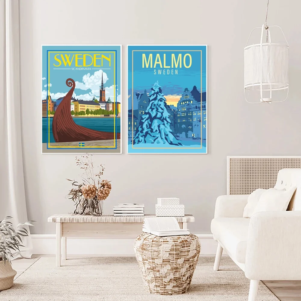 

Винтажный постер для путешествий в Швеции, Стокгольме и Мальме, Холщовый постер