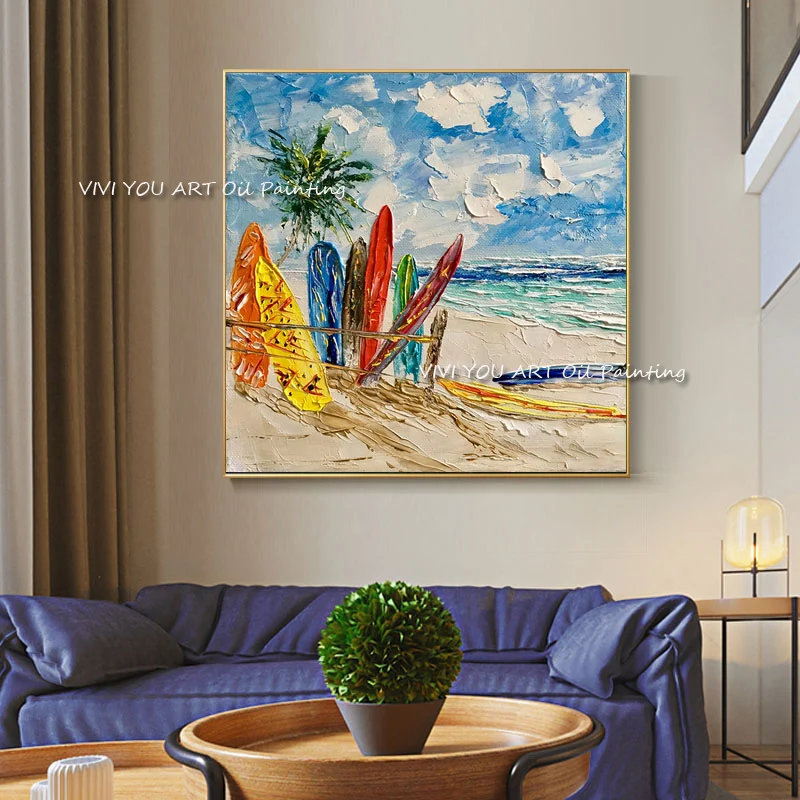 

Abstract oil painting sand beach sailboat Handmade picture wall decor for living room indoor home decoration no framed