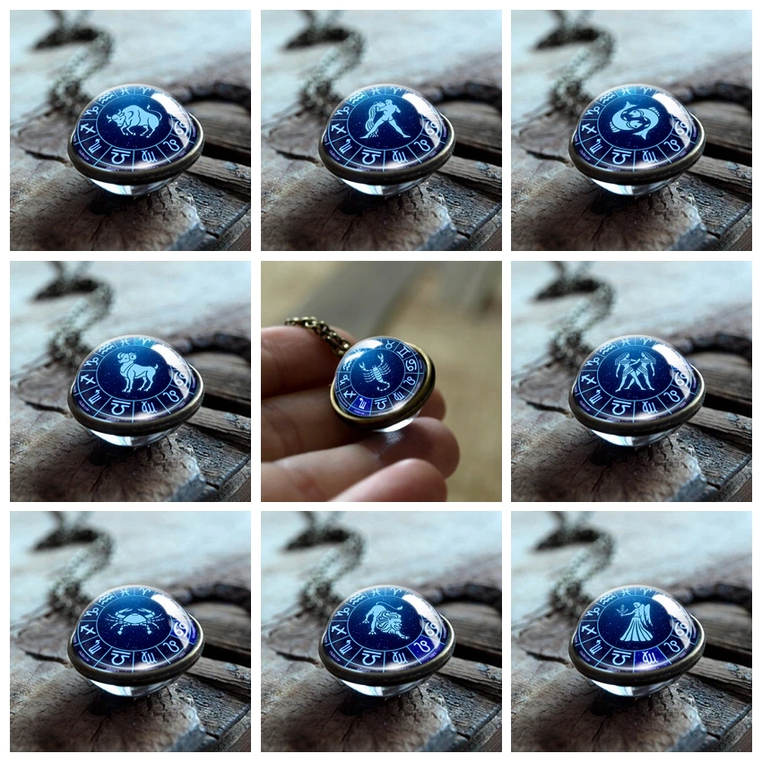 Новое двухстороннее ожерелье с кабошоном из стекла 12 созвездиями для женщин и