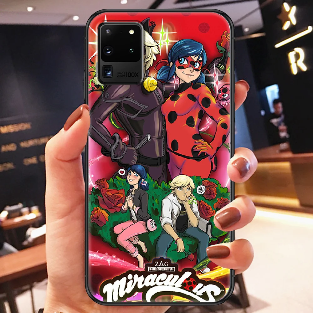 

Cat Cartoon Ladybugs Girl Noir Phone case For Samsung Galaxy Note 4 8 9 10 20 S8 S9 S10 S10E S20 Plus UITRA Ultra black painting