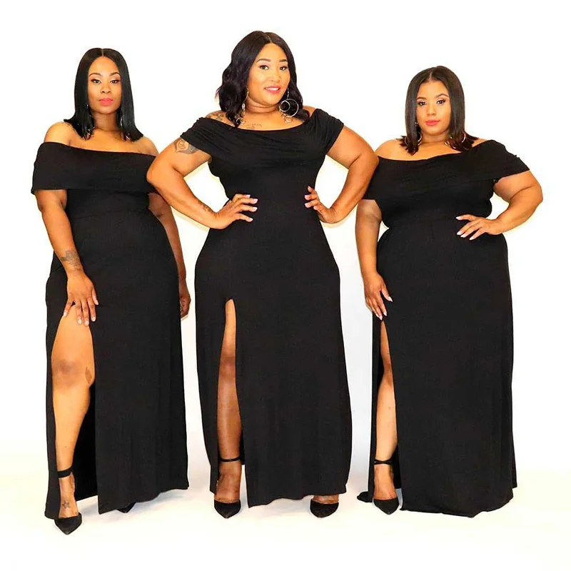 

Summer New Arrival Fashion Large Size Off Shoulder Split Fork Black Sexy Loose Plus Size Women Canonicals Dress Vestidos