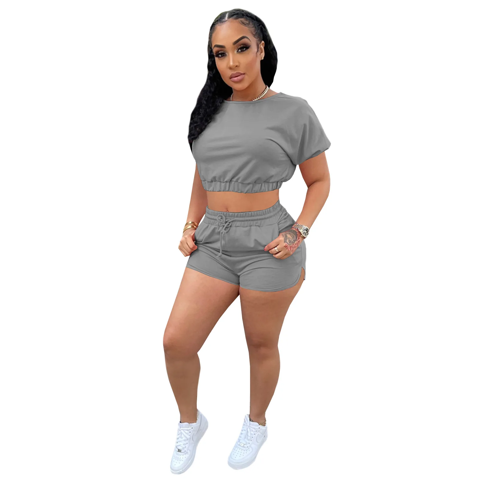 

2021 Summer New Women's Fashion Solid Color Hollow Casual Sports Jogging Shorts Two-Piece Suit