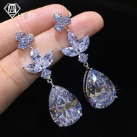 white color flower shape zircon water drop crystal drop earrings for women bridal wedding long earrings jewelry