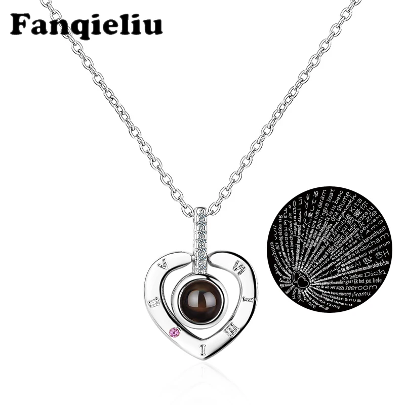 

Fanqieliu Heart Pendant Crystal Pendant For Women One Hundred Languages I Love You Microcarving Projection Necklace FQL20041