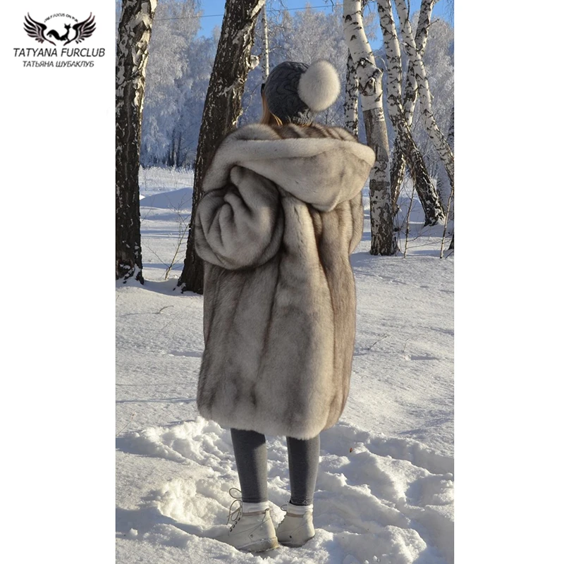 High Qulaity Natural Blue Fox Fur Coat Long Winter Fashion Women Real Fox Fur Overcoats With Hood Warm Fur Coats Female Luxury