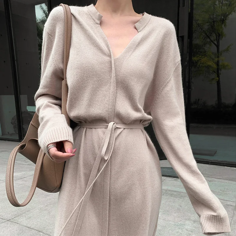 

Women's Oversized Casual Dresses Solid V-Neck Long Sleeves Sash Waist Women Medium Straight Dress Autumn Spring 2021