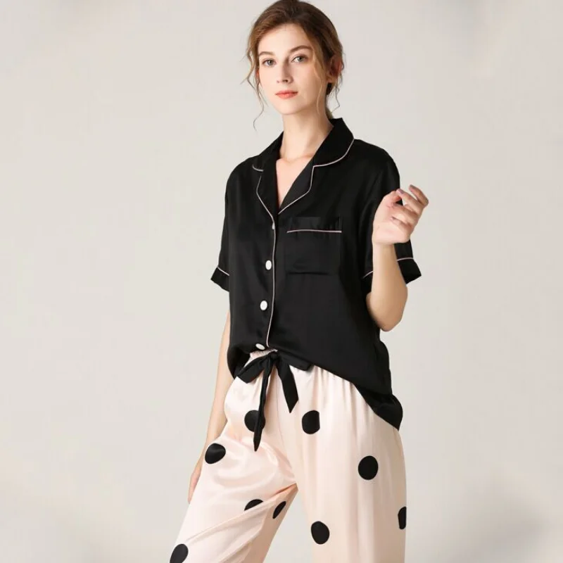 Женская атласная пижама в горошек с коротким рукавом | одежда