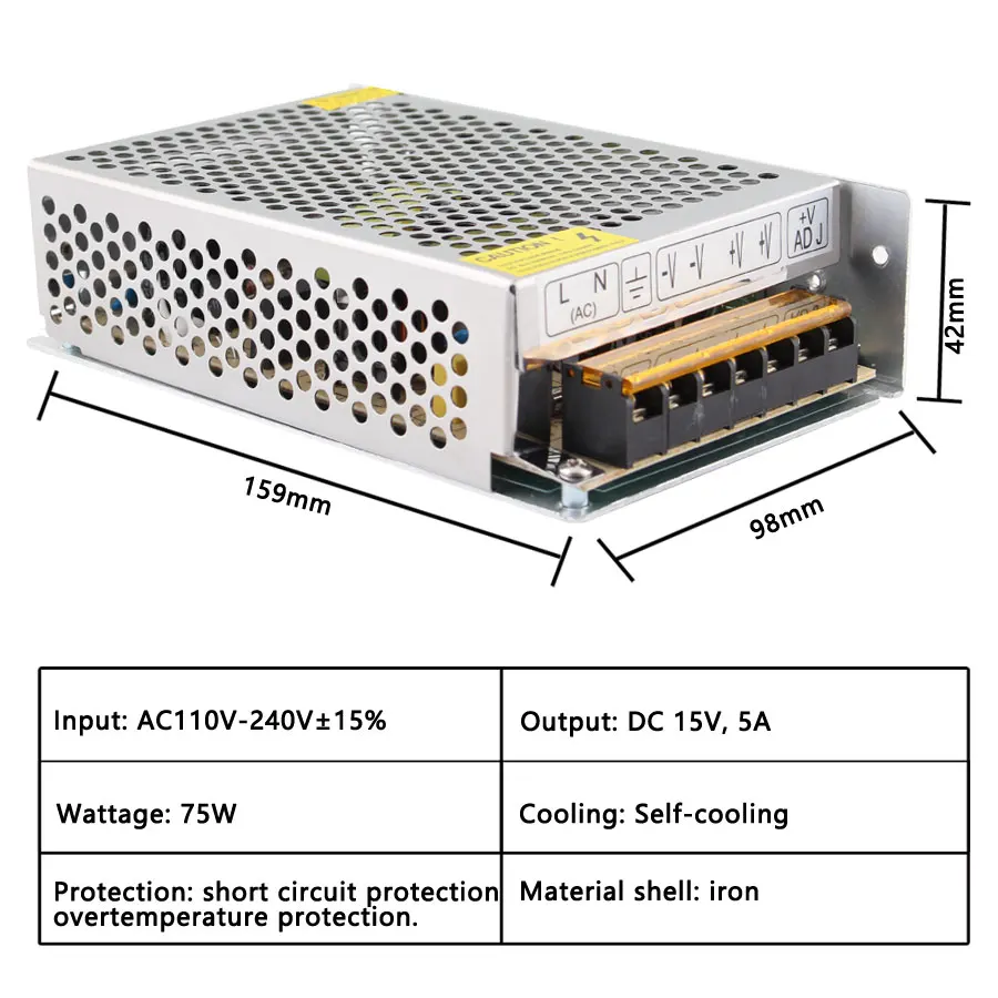 15V Инвертор источник питания AC 110V до 220V DC 3A 5A 10A 20A 30A трансформатор 45W 75W 150W 300W 450W для