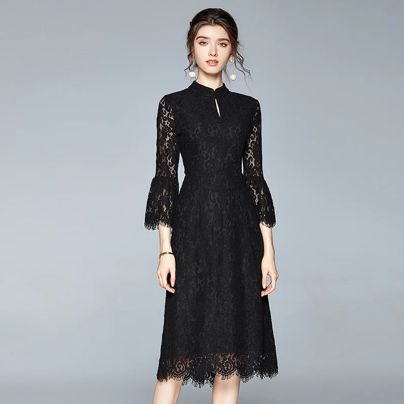 

Simgent Ruffle Sleeve Dress Women Lace Hole A Line Elegant Vintage Retro Stand Collar Black Dress Robe Dentelle Vestidos SG0853
