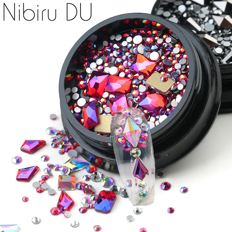 

1 Box Glitter 3D Rhinestones AB Flat Back Shiny Stones Nail Art Decorations Mixed Size Nail Gems Crystal Strass Accessories