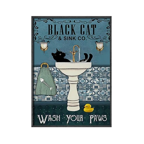 Металлическая черная кошка мыть ваши лапы ВИНТАЖНЫЙ ПЛАКАТ Милая животная Картина на холсте принты смешная ванная настенная Картина декор для стирки